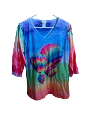 Vintage Large Sunshirt Hot Air Balloon Top V-Neck Shirt 3/4 Sleeves Made In USA